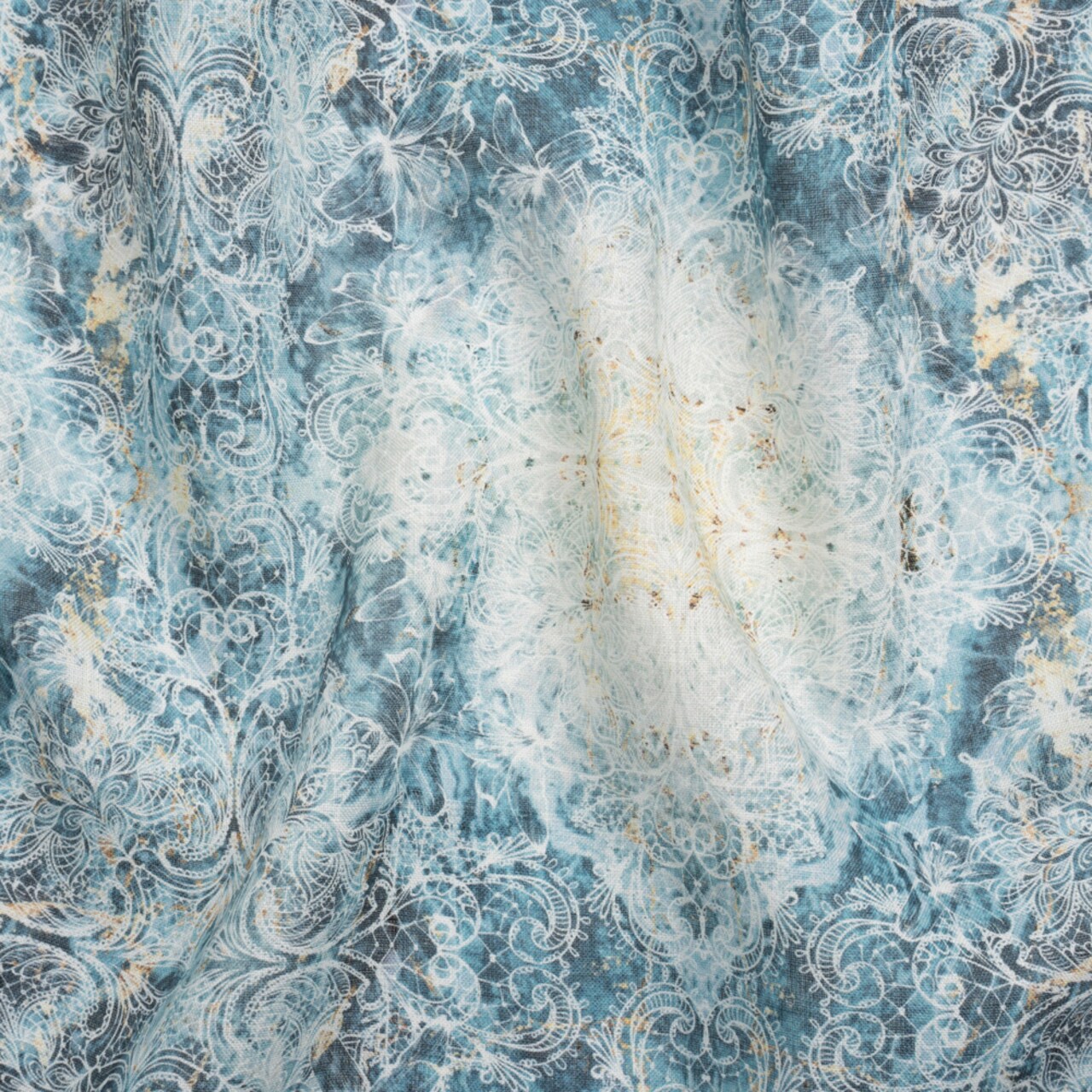 1 Yard Blue and Beige Floral Lace Printed Lightweight Linen Woven